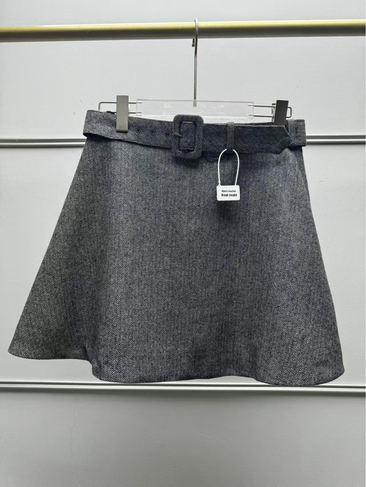 New 25AW Women s Herringbone Wool-Blend Coat & Skirt Set with Removable Silk Scarf S