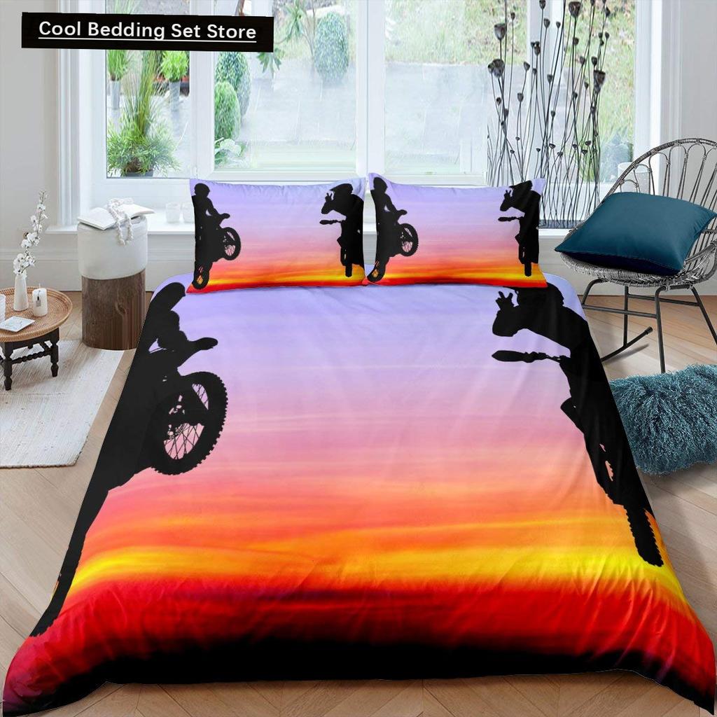 Motorcycle King Queen Duvet Cover Dirt Bike Bedding Set Motocross Racer Extreme Sports Quilt Cover Polyester Comforter Cover