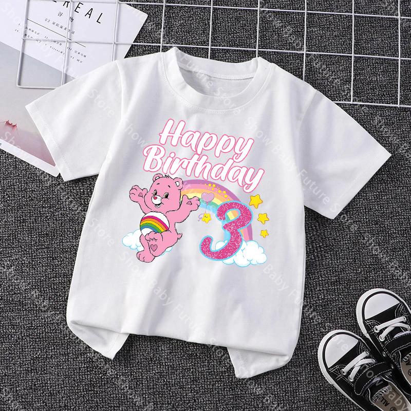Summer Cotton Tops Cartoon Care Bears Party White T Shirt for Girls Cute Birthday Number Tee Shirt Printed Clothes Anime Gifts