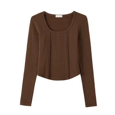 Fur-haired High-waisted Short T-shirt for Women, Large U-neck Autumn New Long-sleeved Hot Girl Navel-exposed Thin Velvet Top