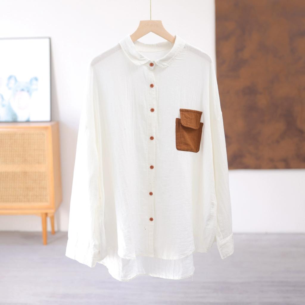 Dimanaf 2025 Jarní halenka Košile Tričko velké velikosti Ženy Len Dlouhý rukáv Kapsy Módní topy Trička Volná trička Novinka
