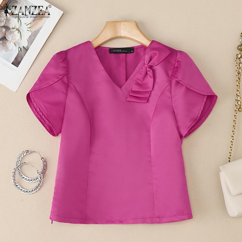 ZANZEA Women Casual V-Neck Summer Short Sleeve Satin Blouse