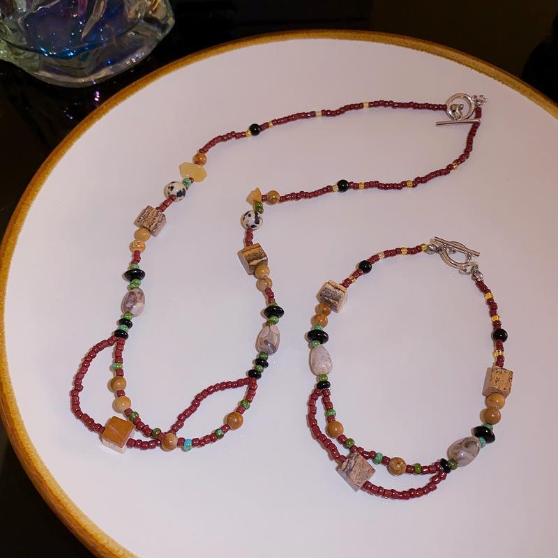 Flower Ceramic Rice Beads Beaded Stacked Necklace Retro Exquisite Collarbone Chain Design Sense Niche Necklace Women