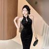 Autumn and Winter New Light and Mature Temperament Advanced Sense Improved Cheongsam Chain Decoration Off-the-shoulder Slim Dress Women's Clothing