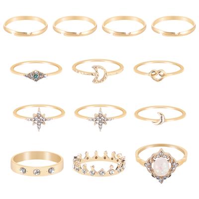 13 Pcs/Set Bohemian Ring Gold Rhinestone Stars Moon Alloy Ring Bohemian Ring KIT