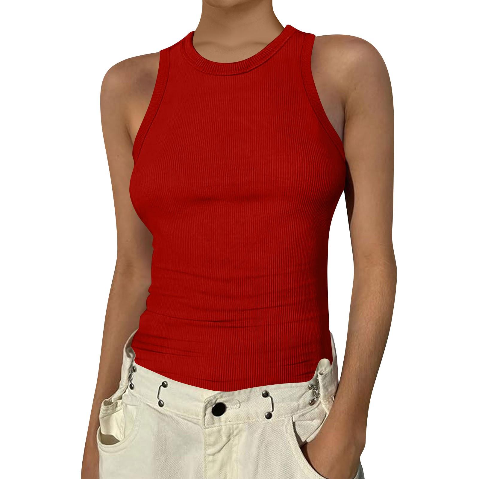 

Женская летняя мода, повседневный однотонный топ без рукавов с круглым вырезом, узкая майка S красный