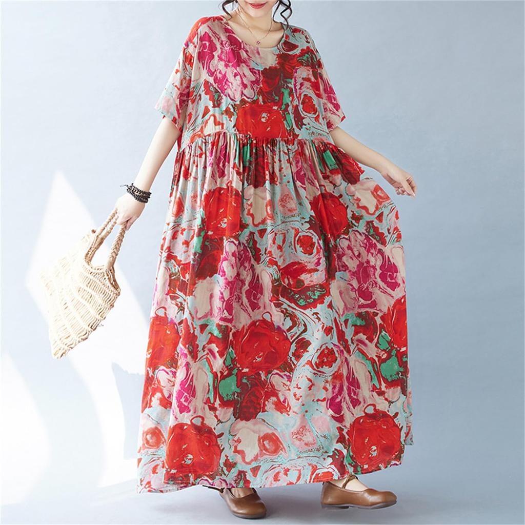 Summer Resort Mori Girl Long Plus Loose Bohemian Floral Perfect for Popular Free Floral Print [kisetsumate] Women's Dress, Cotton-Linen, Style, Dress,