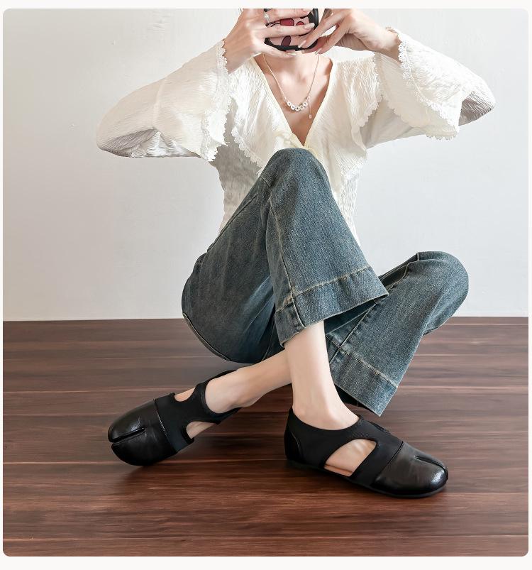 Jetzt verfügbar, sofortiger Versand! Französische Retro-Mules mit geteilter Zehenpartie 'Schweinshaxe' für Damen - Vielseitig, Stilvoll, Lederschuhe.