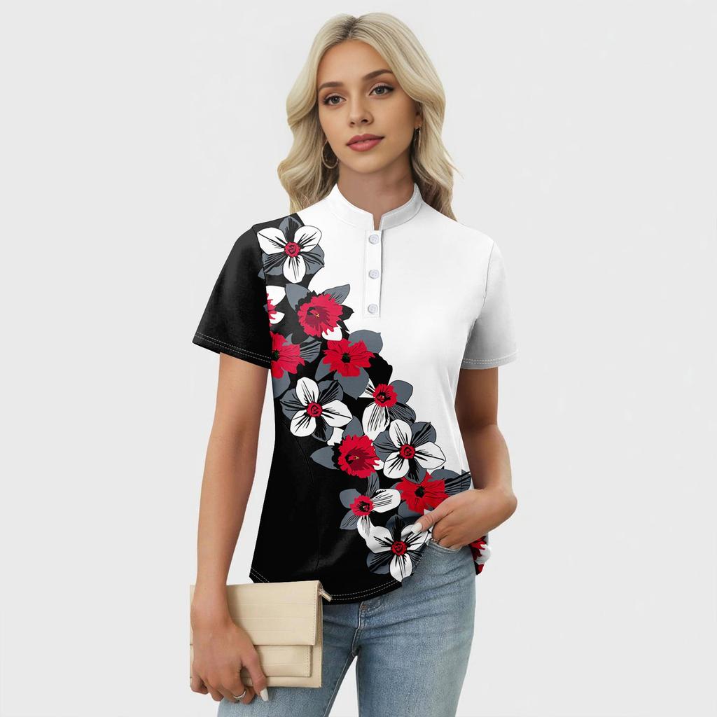 Women's Casual Floral Print V-Neck Short Sleeve Decorative Button T-Shirt Top