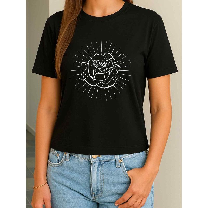 

Women S T-Shirt - Vintage-Inspired Rose & Heart Print, Short Sleeve Round Neck Casual Streetwear Top for Everyday & Special S чёрный