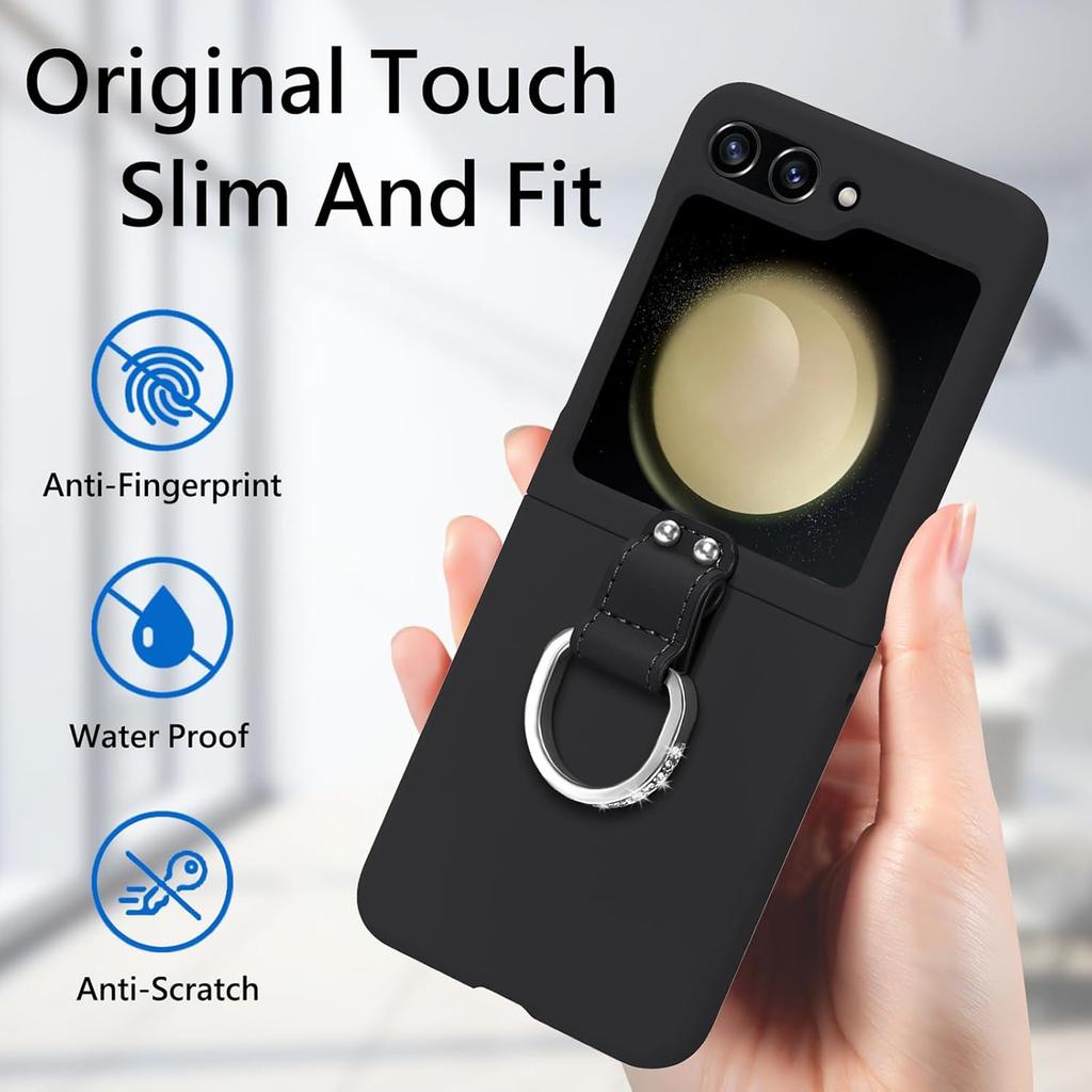 Case for Samsung Galaxy Z Flip 5, Slim Thin Hard PC Protective Phone Cover with Bling Ring Stand Shockproof Shell,Yellow