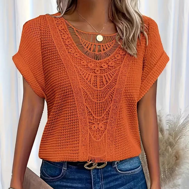 Lace Splicing Crew Neck T-shirt Casual Short Sleeve Top for Spring & Summer Women's Clothing