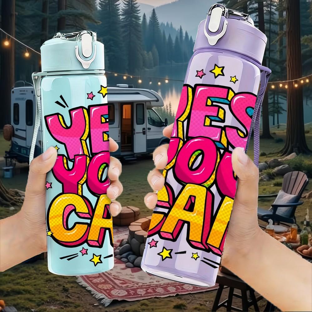 1PC Yes You Can Bright Pop Slogan Lettering 750ml Color Plastic Sports Water Bottle Leakproof Flip Straw Lid Suitable for Sports Office Home Use