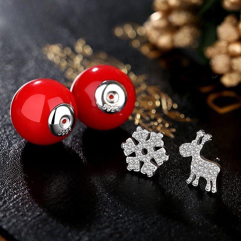 

Asymmetrical Festive Red Stud Earrings Female Snowflake Elk Deer Temperament Personality Advanced Sense Christmas Earrings 925 silver красный