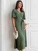 Elegant V-Neck Summer Evening Dress with Cinched Waist and Slit, Short Sleeve