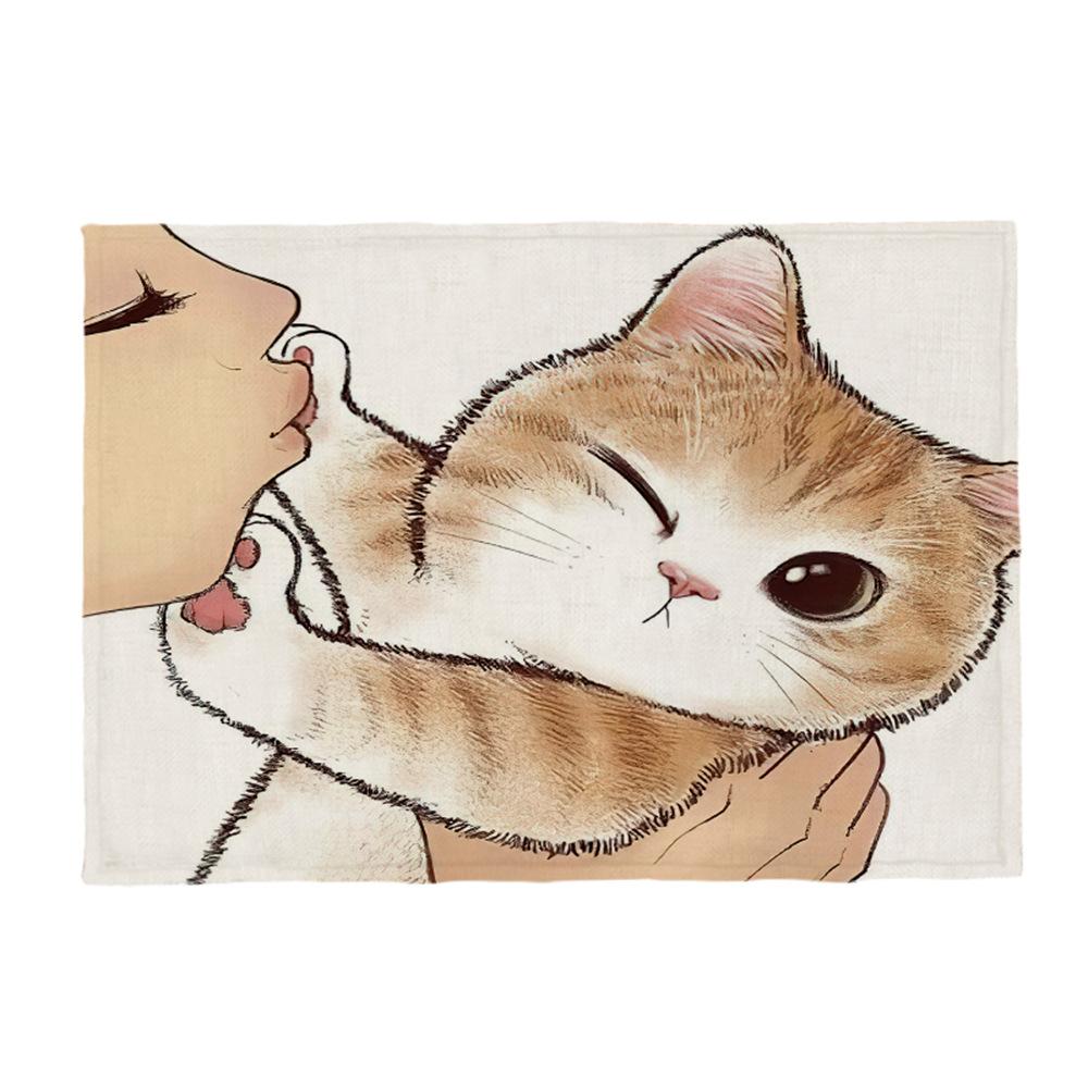Kočičí lněná podložka na stůl Roztomilý odmítá políbit Prostírání s kresleným vzorem Dekorace na kuchyňský stůl Mat