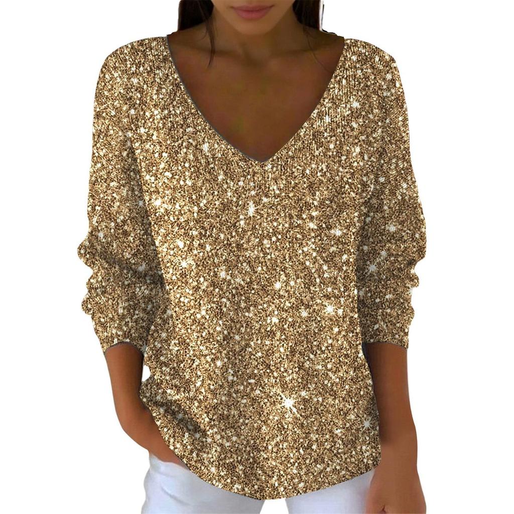 Women's Casual Daily Long-Sleeved V-Neck Faux Sweater Knitted Pullover Top With Sequins