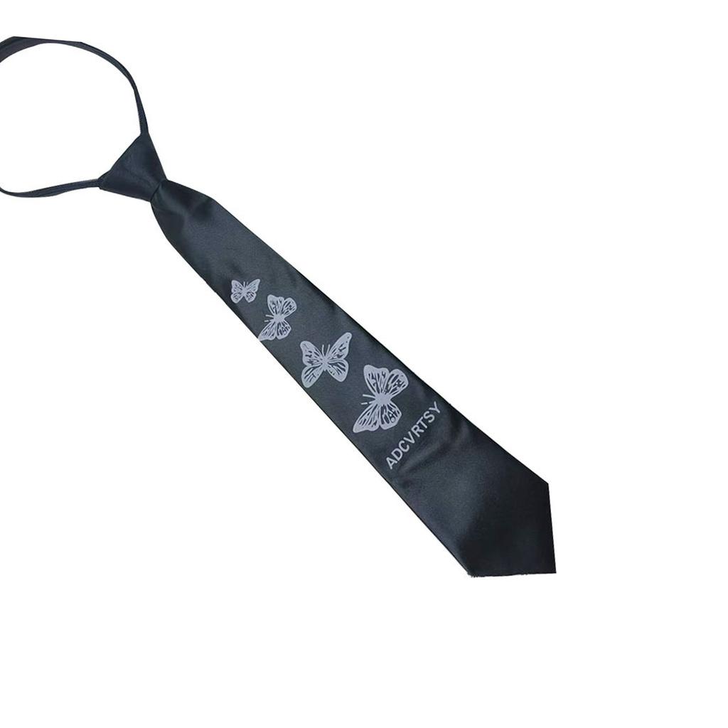 Unisex Japanese Campus Neck Tie Elegant Butterfly Floral Print Zippers Pre Tied Tie for Student Uniform and Shirt Collar