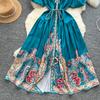 Summer Women Plus Size Turn-down Collar Lantern Sleeve Vintage Print Shirt Loose Lace-up Dresses