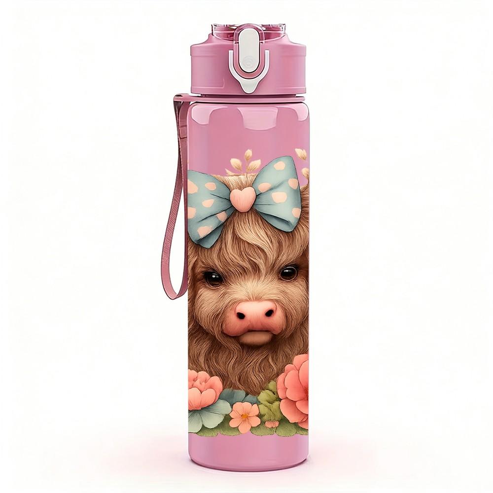 1PC Highland Cow Butterfly Floral Print 750ml Color Plastic Sports Water Bottle Leakproof Flip Straw Lid Suitable for Sports Office Home Use