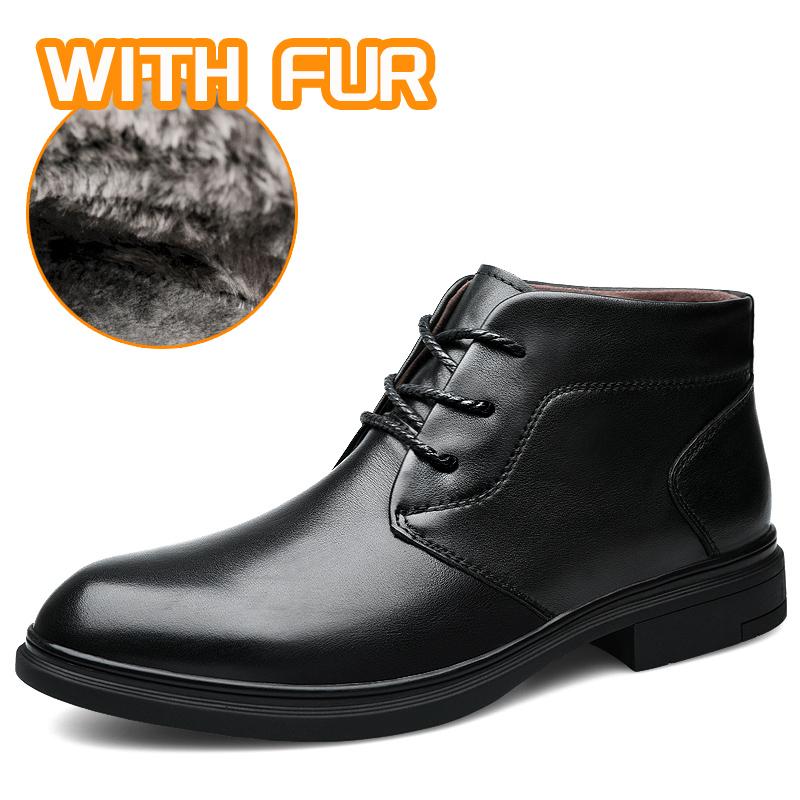 Fashion Pointed Toe Warm Plush Fur Men Boots Lace-Up Male Winter Ankle Boots Genuine Leather Business Botas High Quality Leisure Shoes