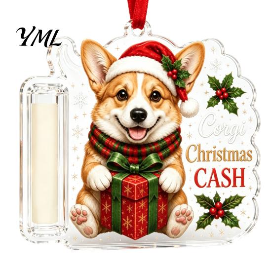 Money Clip for Christmas Tree Cash Gift Holder Ornament, Cute Dog Clear Acrylic Gift, Xmas Hanging Decoration Holiday Party Supplies Favors