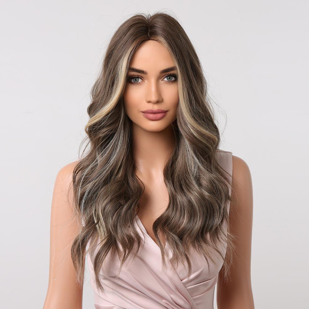 Long Wavy Brown Synthetic Wigs Middle Part for Women Blonde Highlighted Hair Heat Resistant Cosplay Daily Wigs