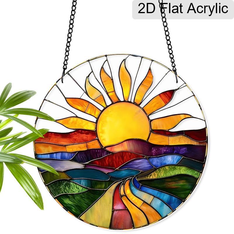 Acryl Zonsondergang Landschap Zonenvanger Glas-in-lood Effect Raamhanger Ornament Natuur Decor