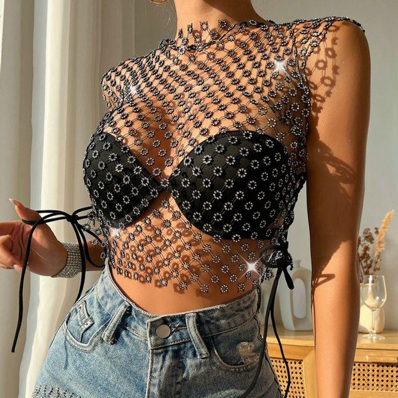 Summer Ins2024 European and American Personalized New Arrival Women's Clothing Sexy Best Selling Cut Out Mesh Rhinestone Small Top Vest