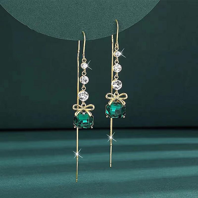 Green Crystal Bow Long Tassel Earrings - Korean Style Slimming Design зелёный