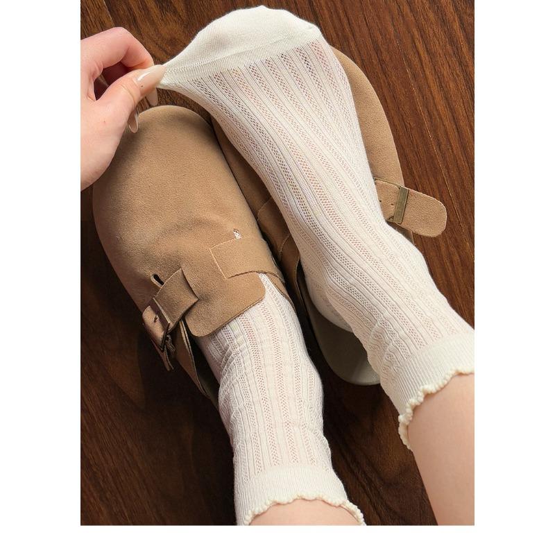 Female Summer Thin Style Leisure All Match Lace Pure Color Hollow Breathable Mesh Tube Stack Socks