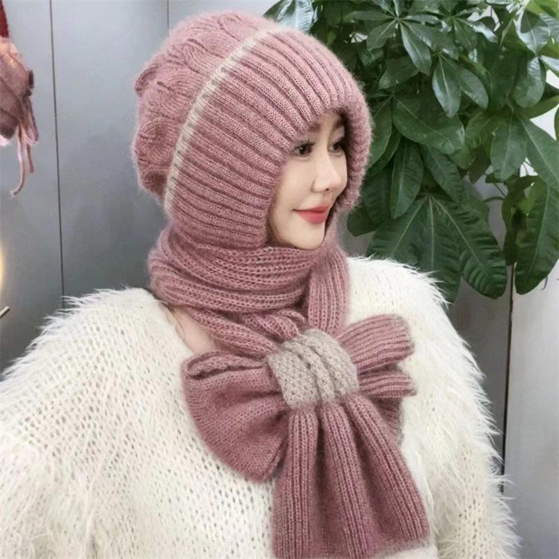 Scarf One-piece Hat Women's Winter Velvet Anti-wind and Cold Scarf One-piece Knitted Wool Hat Outdoor Middle-aged Hat