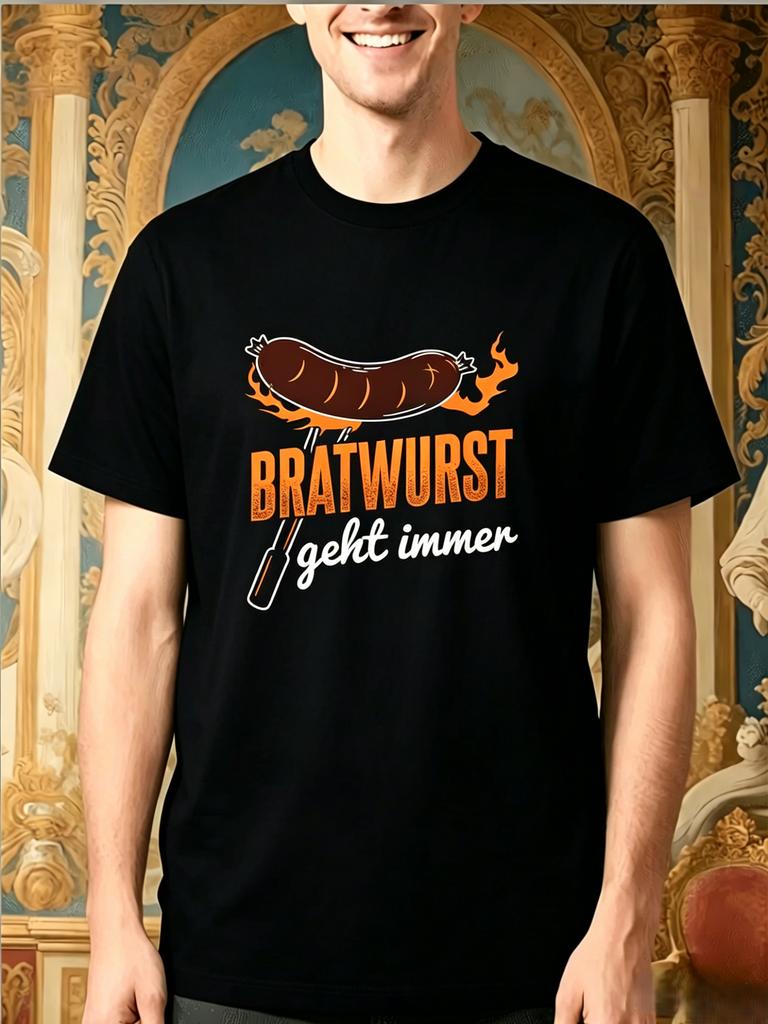 Men Black Tee Sausage Bratwurst German Text Graphic Print Short Sleeve Loose Casual For Adult M
