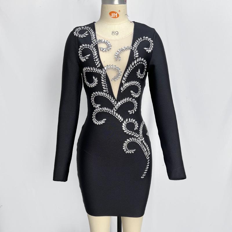 

Черное Красное Платье Бандажное Вечернее с Длинным Рукавом и Стразами Extra Large чёрный