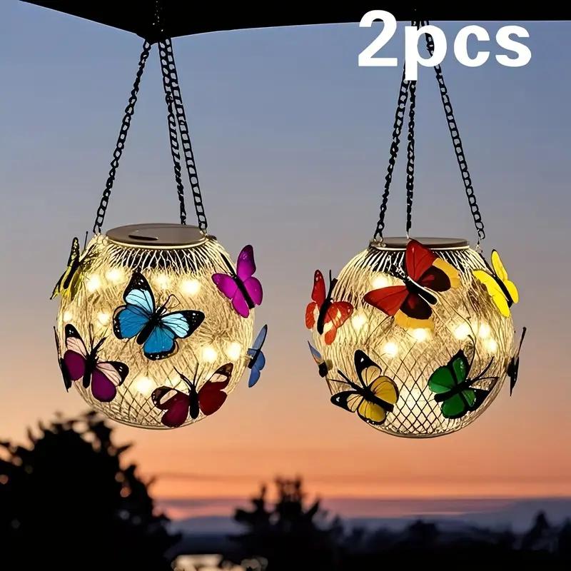 

2 шт. Фонари-бабочки на солнечной батарее - Яркие металлические подвесные уличные фонари с красочными узорами бабочек, Идеально подходят для заборов, крылец, садов 2pcs warm lamp