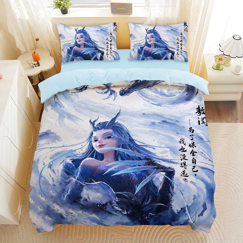 Nezha 2 Movie Three-piece Set Cartoon Quilt Cover Pillowcase Shen Gongbao Aobing Quilt Cover Sanded Pillowcase Bedding
