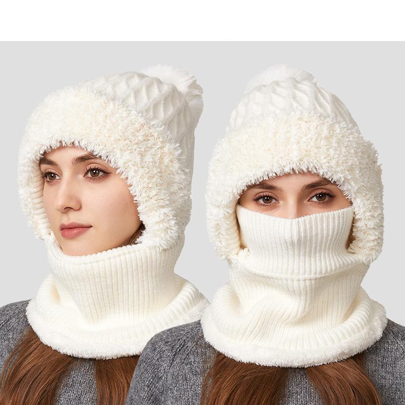 Knitted Hat Thick Velvet Mask Scarf All-in-one Hat   Winter Warm Hat for Women