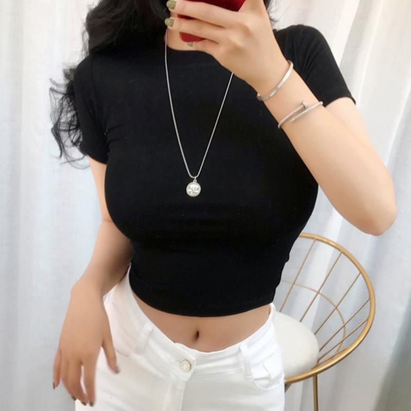 South Korea's Dongdaemun Summer Slimming Crop Top - Sexy Short Sleeve Round Neck Tee for Women