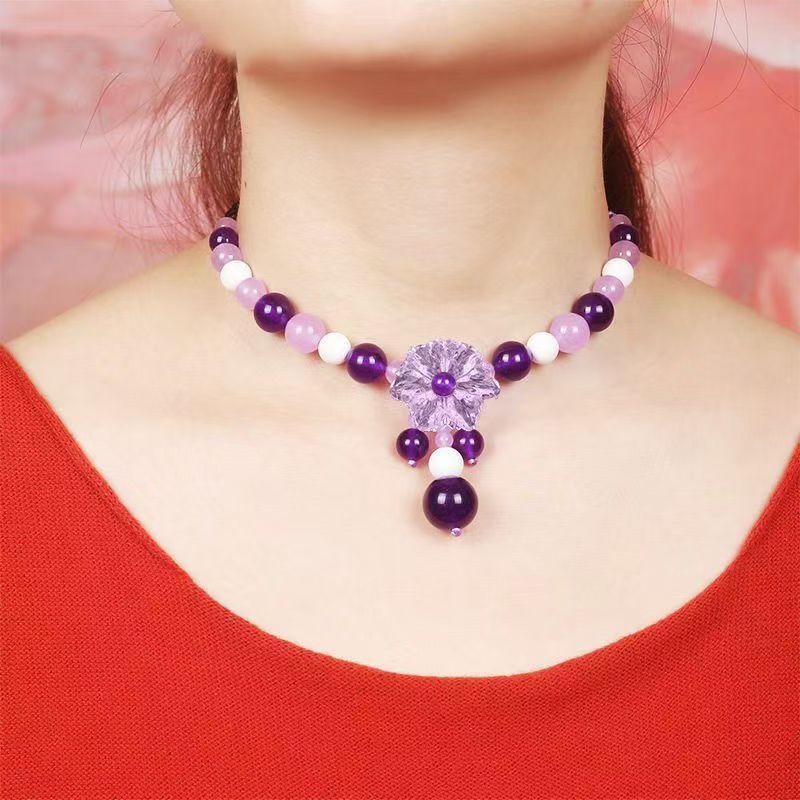 GEMCHIC Women s Vintage Ethnic Purple Glass Crystal Flower Beaded Choker Necklace Short Collarbone Chain