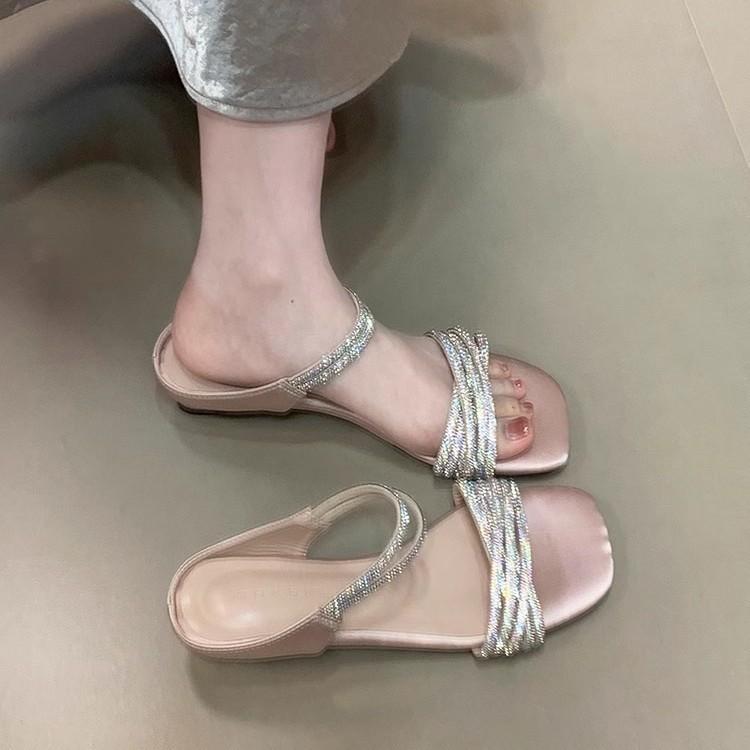 Celebrity rhinestone with open-toed sandals fashion temperament one-word drag summer sexy beautiful woman Shipo cool slippers