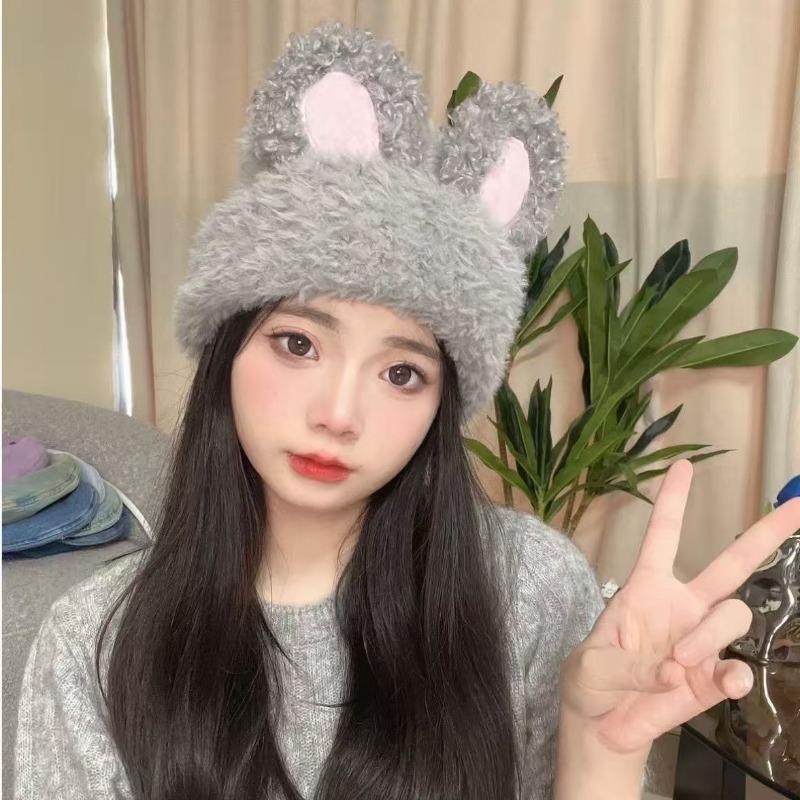 Plush Rabbit Hat Sweet and Cute Knitted Wool Hat Women's Autumn and Winter Warm Plush Hat Bag Head