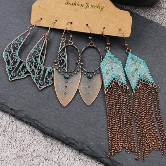 3 Pairs Boho Gypsy Earrings Tribal Ethnic Tassel Turquoise Ear Hook Drop Dangle₊