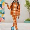 Girls Orange Plaid Printed Round Neck Long Sleeve Top Fitted Pants Two Piece Set