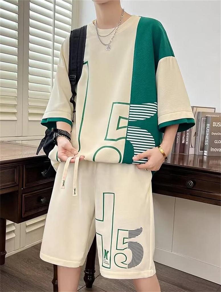 KTNCFD Short Sleeve Summer Plus and Loose Men's Set, Sizes, 2-Piece Set, T-Shirt, Tracksuit, Shorts, Sportswear, Sweatshirt, Loungewear, Fit,