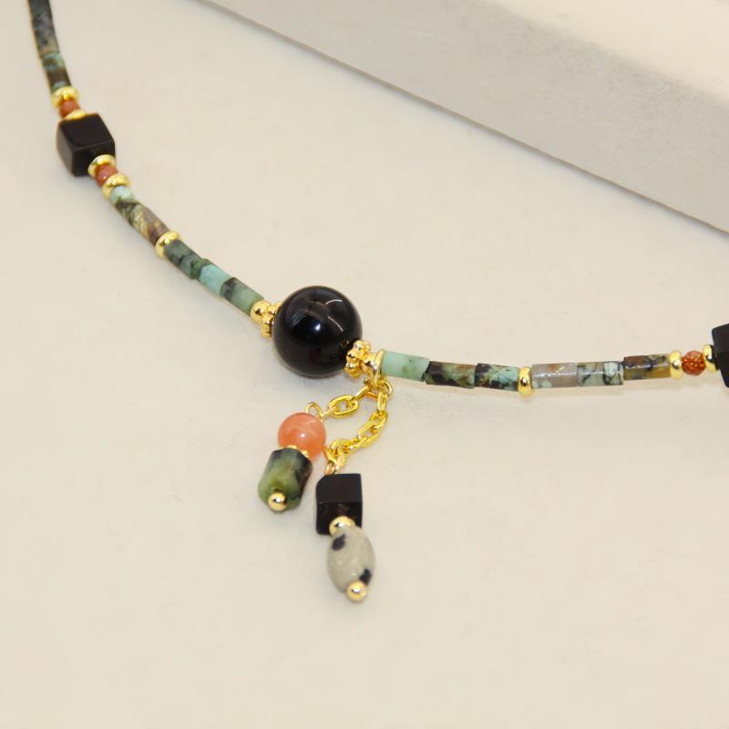 Handmade Retro Natural Stone Necklace with Turquoise Beads and Obsidian Pendant On Titanium Steel Chain