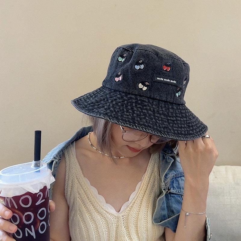 Hat Style Versatile Cherry Embroidery Womens Sunshade Hatscaps Fishermans