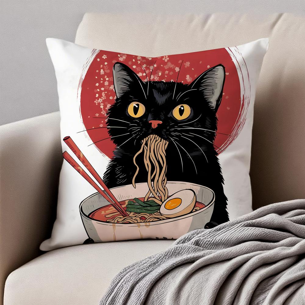 R-Ramen Animal Anime Painting Cushion Cover Pillowcase Anti-Dustmite Invisible Zipper Short Plush Sofa Cushion