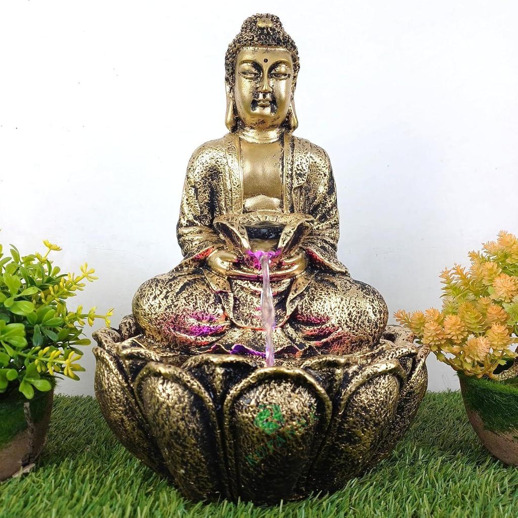 Lotus Buddha Table Top Water Fountain with RGB LED Light for Home Décor/Gift/Vastu/Pooja/Reception/House Warming (Gold)