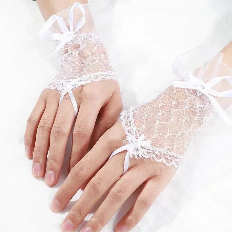 Lace Short Gloves for Women Bridal Wedding Lolita Style Mesh Hand Sleeves with Handmade Ribbon Bow And Hook Finger Glued
