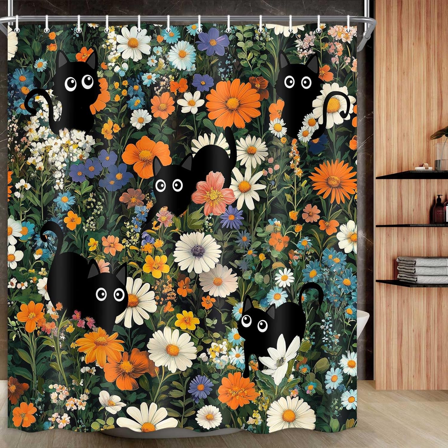 

Cat Shower Curtain, Funny Boho Cats Floral Shower Curtains For Bathroom, Cute Black Cat Colorful Flowers Aesthetic Animal W60H190(CM)-1 Pcs